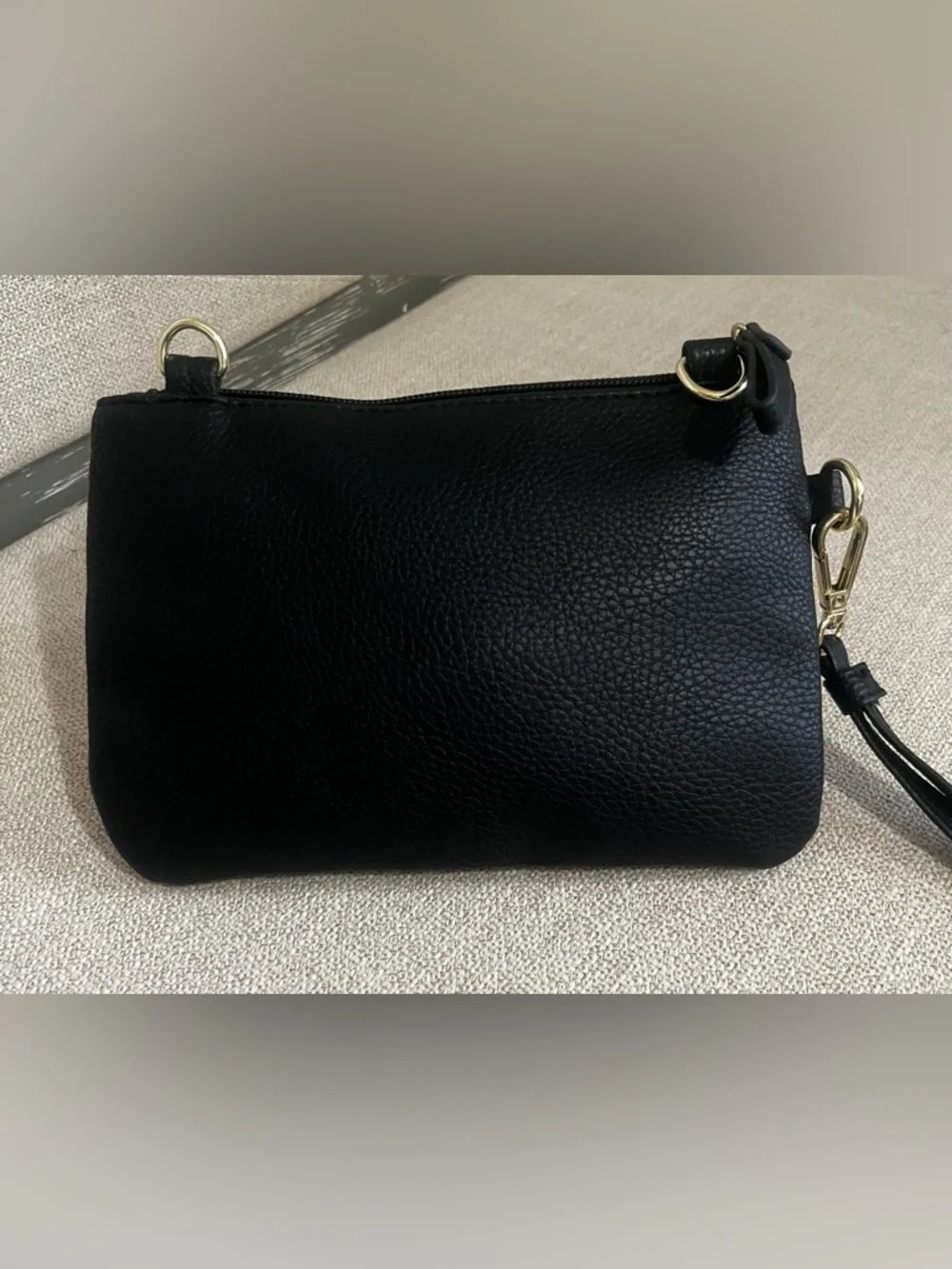 Black Pebbled Leather Wristlet Clutch with Gold Accent